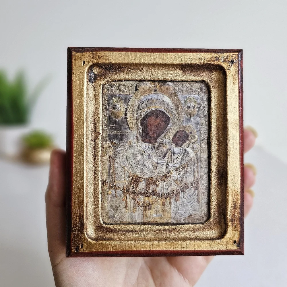 Byzantine Orthodox Icon Print Wood Gold-Tone Christian Religious Art